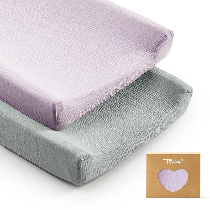TILLYOU Muslin Changing Pad Cover for Baby Girls Boys, Soft and Breathable Cotton Diaper Changing Table Cover, 2 Pack(Grey&Purple)