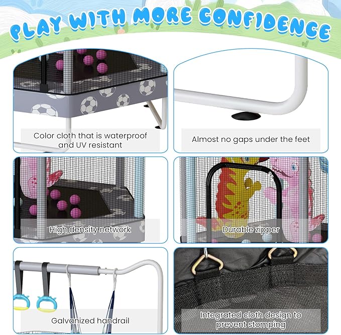 LAMERGE 55" 7-in-1 Round Trampoline for Kids Boys & Girls Ages 1-8, Indoor & Outdoor Trampoline for Fun, Adjustable Height Handrail ＆ Enclosed Safety Net ＆ Durable Designs for Toddlers Children