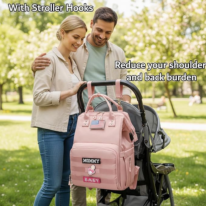 Diaper Bag Backpack for Dad and Mom with USB Charging Port Stroller Straps and Insulated Pocket,army military Travel Nappy Backpack for Daddy/Mommy (Pink)