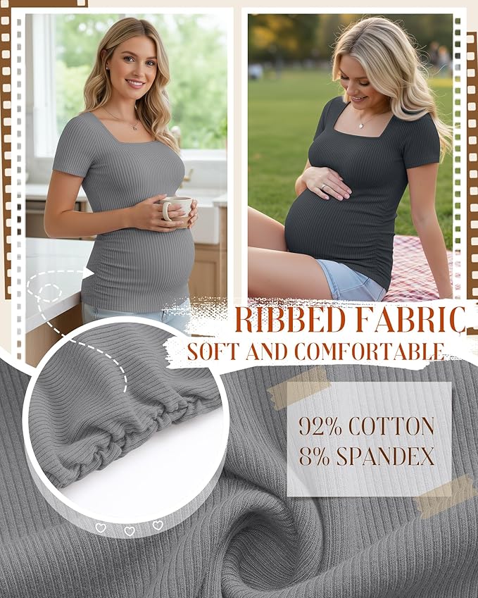 Huukeay 4 Pack Women's Maternity Shirts Cotton Ribbed Short Sleeve Square Neck Pregnancy Tops Side Ruched Summer Tee
