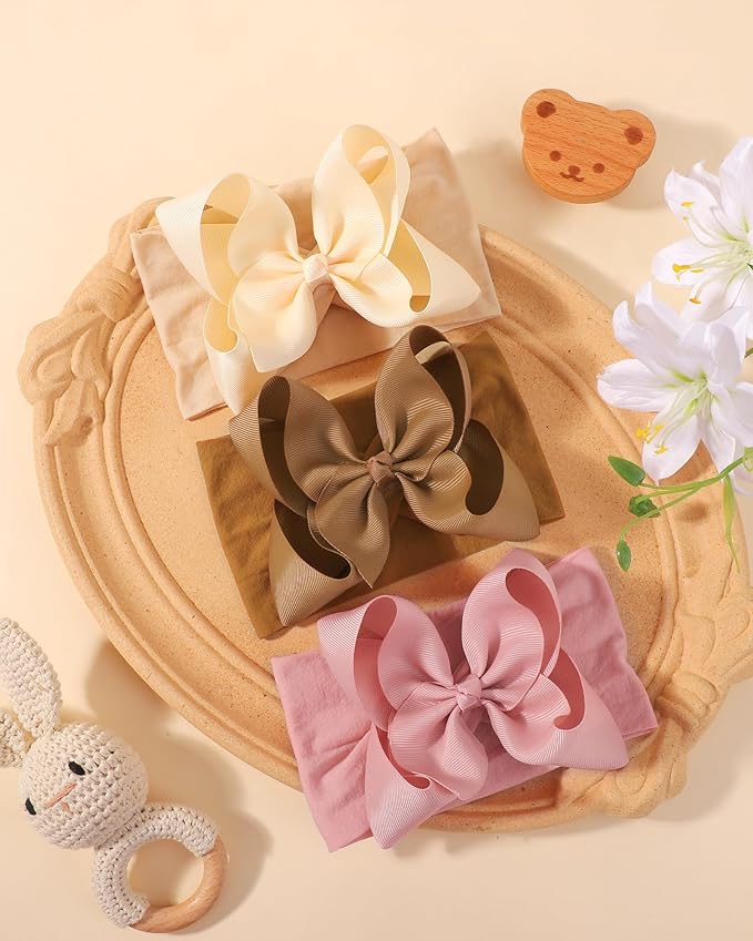 doboi 3PCS Baby Girl Bows Headbands Nylon Hairbands with Ribbon Bow Handmade Elastic Baby Hair Bows Headbands for Baby Girls Newborns Infants Toddlers and Kids