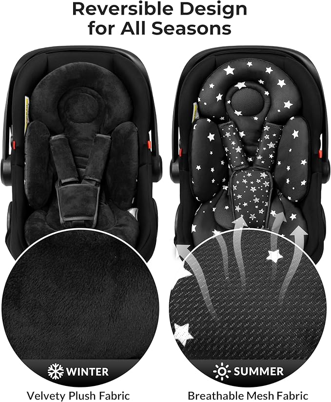 Newborn Car Seat Insert, Head and Body Support, Reversible Infant Insert Compatible with Baby Carseat, Stroller, Mamaroo Swing, Rocker, Bouncer. Baby Car Seat Cushion - Black