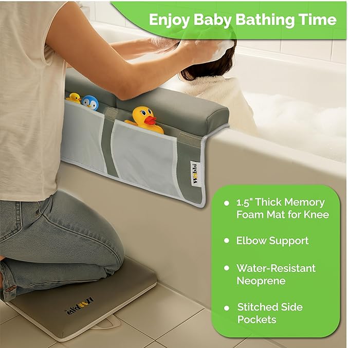 Wobbi Baby Bath Kneeler and Elbow Rest Pad Set - 1.5" Thick Memory Foam Knee Pad for Bathing Babies - 6 Suction Cups Non Slip Bath Kneeling pad with Toy Storage - Foldable & Quick Drying-Grey