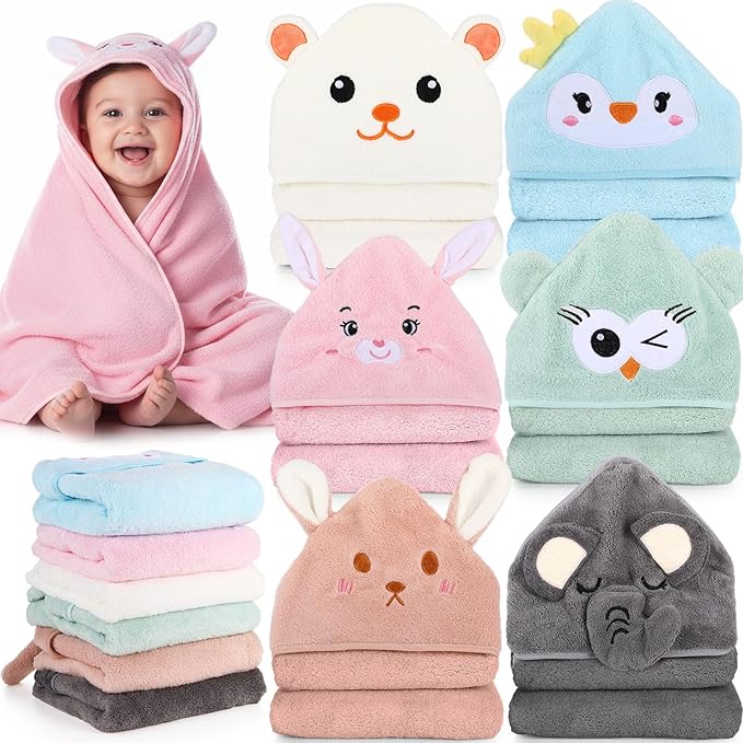 6 Pack Baby Hooded Towels Coral Fleece Baby Bath Towels 31.5 x 31.5 Inch Soft Absorbent Hooded Bath Blanket for Newborn Toddler Infant Boy Girl Shower Gift Supplies(Multicolor,Vivid)
