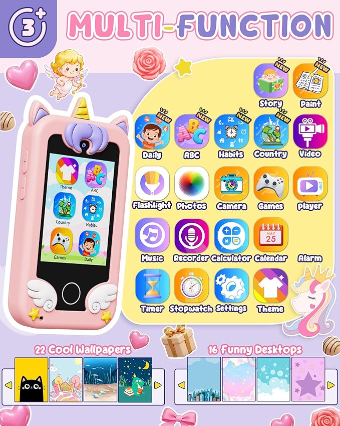 UCIDCI Unicorn Kids Smart Phone Toys for Girls Ages 3-7 with Dual Camera - Toddler Phone with Learning Games, Travel Toys with MP3 Music Player for Christmas, Birthday Gifts for 3 4 5 6 7 Year Old