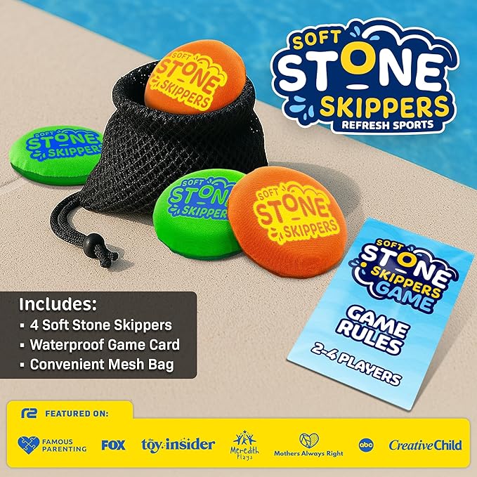 Soft Stone Skippers Game – Fun Pool Toys for Kids All Ages - 4 Pack Water Skipping Discs Set - Beach Games Easter Basket Stuffer Gifts for Boys & Girls Ages 5 6 7 8 9 10 11 + Year Old - Water Toys