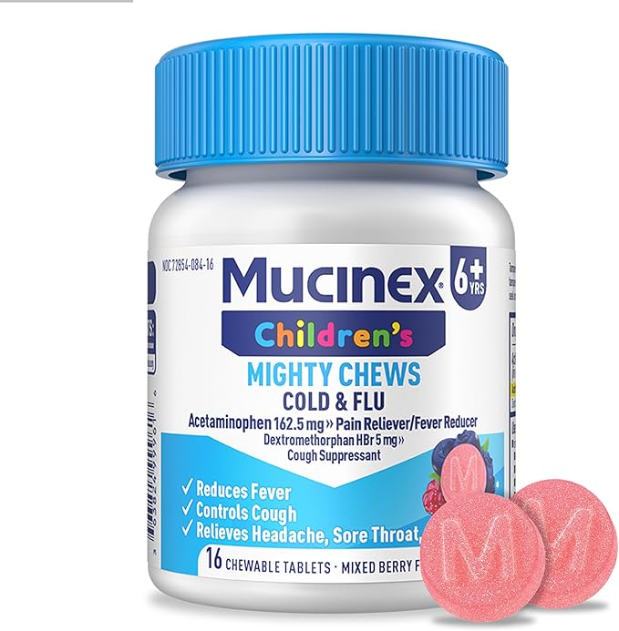 Mucinex Children's Mighty Chews Cold and Flu Medicine, Easy to Dose Children's Acetaminophen & Dextromethorphan, Kids Cough Medicine, Ages 6+, Mixed Berry Flavor, 16 Medicated Chewable Tablets