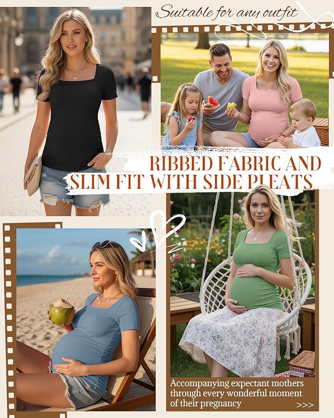 Huukeay 4 Pack Women's Maternity Shirts Cotton Ribbed Short Sleeve Square Neck Pregnancy Tops Side Ruched Summer Tee