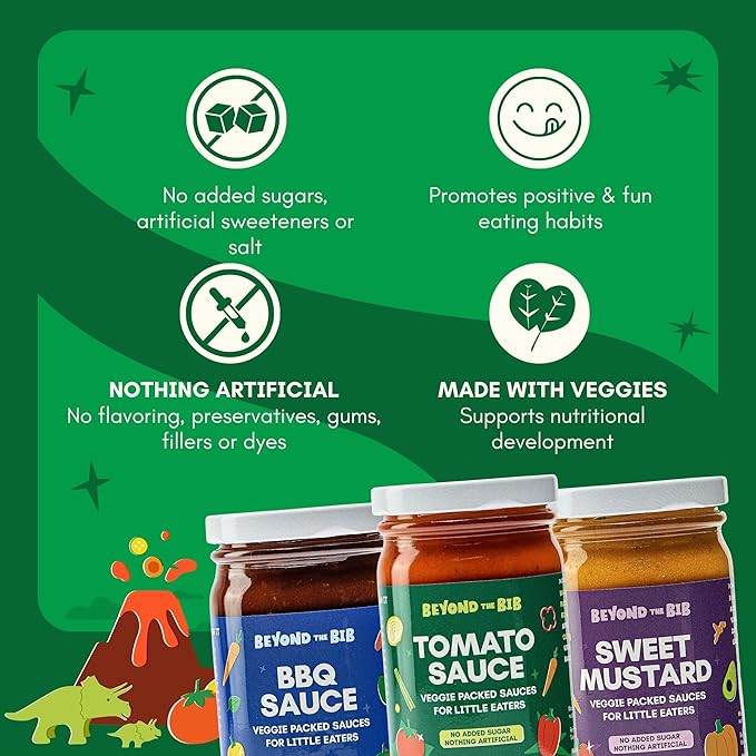 Beyond the Bib All Natural Toddler Sauces for Picky Eaters - Hidden Vegetables, No Added Sugar, Quick & Healthy Mealtime Solution - For 24+ Months (Tomato, BBQ, Sweet Mustard)