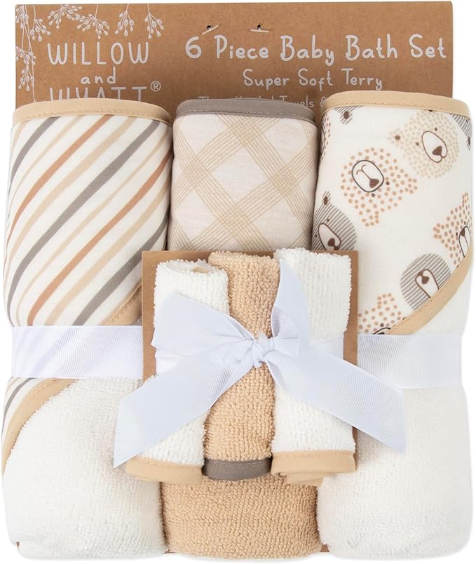 Hooded Baby Bath Towel and Washcloth 6 Piece Set for Newborns, Infants & Toddlers, Boys & Girls Baby Hooded Towels Set (Teddy Bears & Stripes)