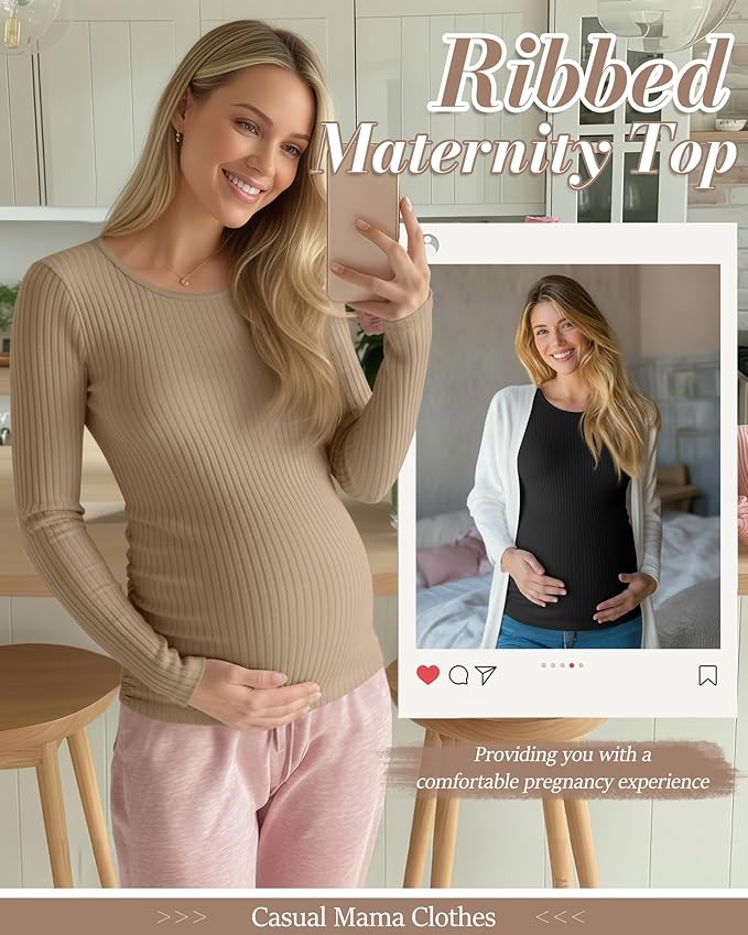 Huukeay 4 Pack Women's Maternity Shirts, Long Sleeve Cotton Ribbed Pregnancy Tops Side Ruched Crew Neck Casual Mama Clothes