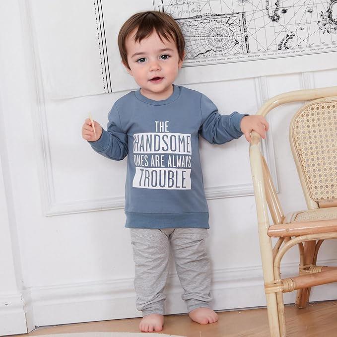 Baby Boy Fall Clothes Set Long Sleeve Letter Print Sweatshirt Pants Toddler Infant Outfits 6 12 18 24 Months 2T