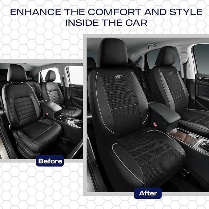 Skechers Air-Cooled Memory Foam Seat Covers,Mesh Thick Car Seat Covers,Piping Leather Car Seat Covers Front Seats,Airbag Compatible,Automotive ComfortUniversal Fit Most Cars,Vans,Truck,SUV,Gray