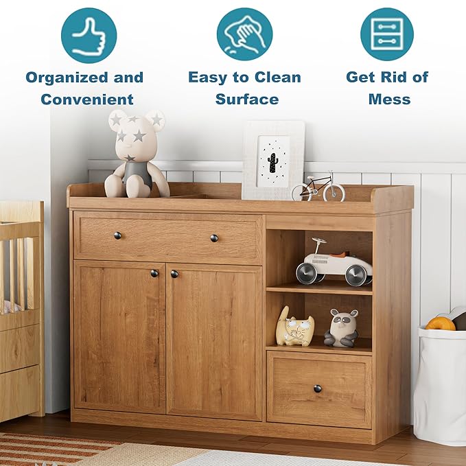 Wide Baby Changing Table Dresser with 2 Doors, 2 Different Size Drawer&Storage Cubbies, Durable Wood Construction, Built-in Shelves of Ample Storage for Nursery (Natural Wood)