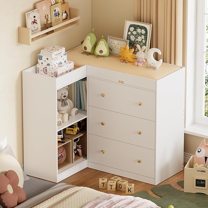 Modern Nursery Changing Table Dresser,Corner Baby Dressing Table with 5 Drawers,2 Open Storage Racks,Multi Functional Diaper Changing Station for Children's Rooms,for The Nursery, White