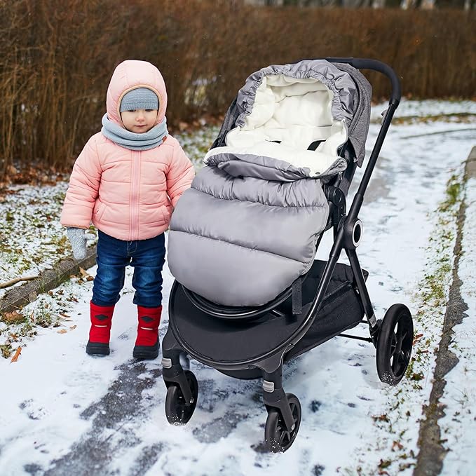 Orzbow Universal Stroller Bunting Bag, Winter Baby Footmuff for Strollers, Warm Coral Fleece Stroller Winter Cover for Cold Weather, Waterproof & Windproof, Baby Essentials Must Have, Light Grey