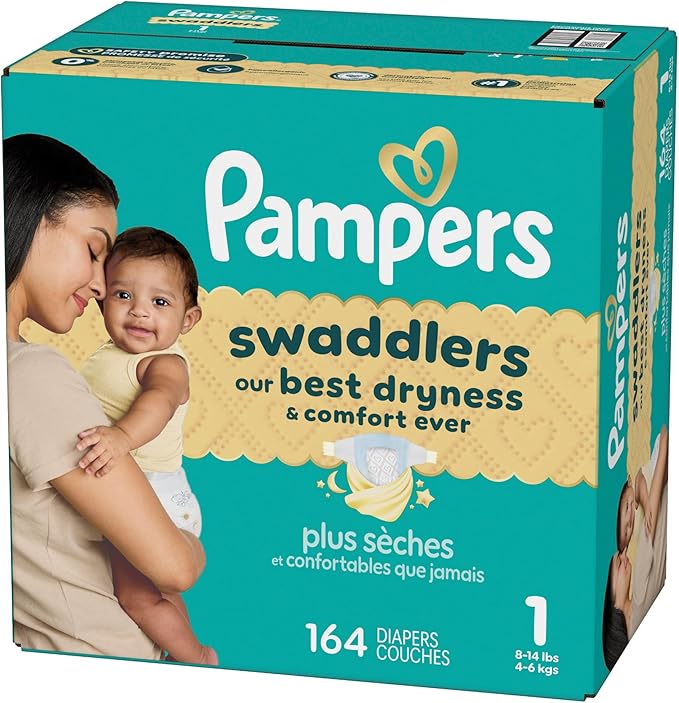 Pampers Swaddlers Diapers, Size 1 (8-14 lbs), 164 Count, Absorbent, Keeps Baby Dry and Comfortable, Skin Safe Disposable Baby Diaper