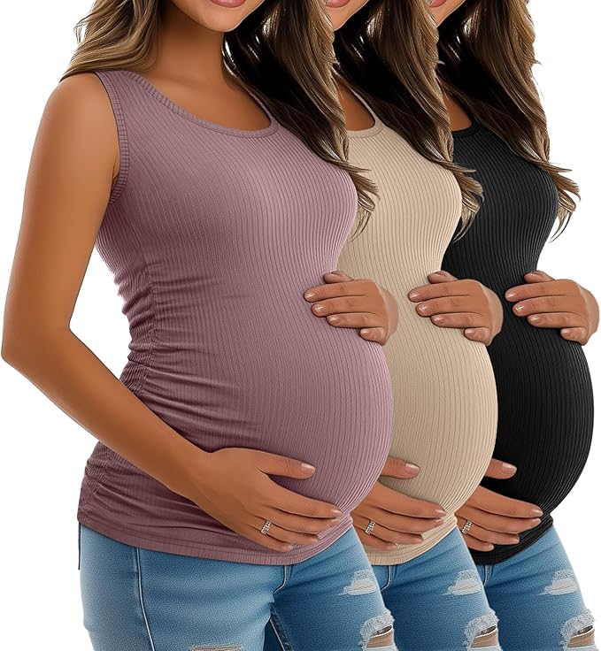 Riyiper 3 Pack Women's Maternity Tank Tops, Sleeveless Cotton Pregnancy Shirts Ribbed Knit Sides Ruched Basic Mama Clothes