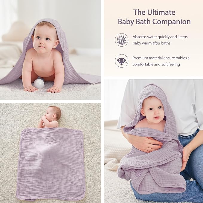 Hooded Baby Towels for Newborn - 2 Pack, 100% Muslin Cotton, Baby Bath Towels with Hood, Soft and Absorbent for Girls Infant, Toddler and Kids, Large 32x32 Inches, Newborn Essential