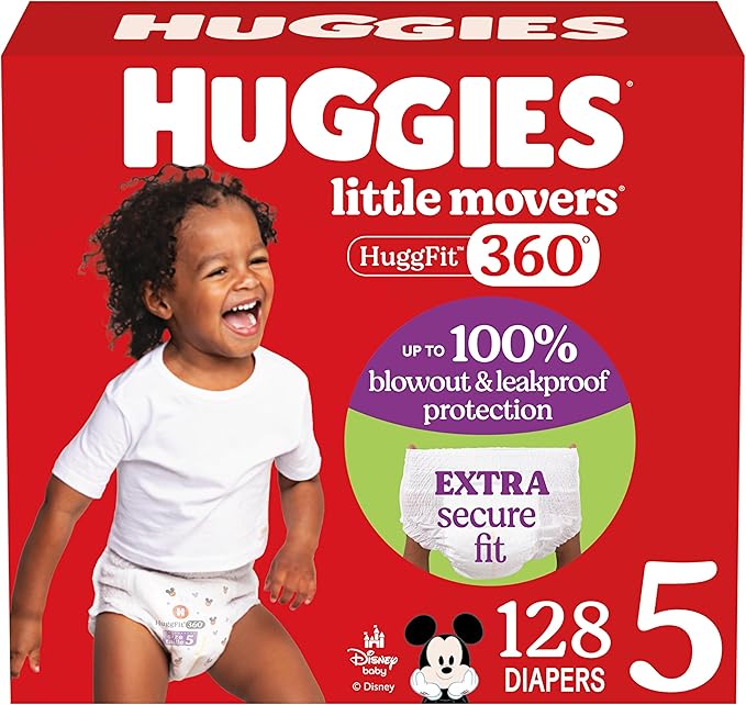 Huggies Size 5 Baby Diapers, Little Movers HuggFit 360° Baby Diapers with 360° Waistband, Size 5 (27+ lbs), 128 Count (2 Packs of 64), Packaging May Vary