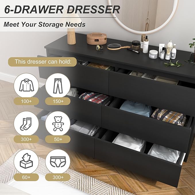 Black Dresser for Bedroom, Modern 6 Drawer Dresser with Deep Drawer,Wide Chest of Drawers, Bedroom Storage Organizer Furniture,TV Stand for Living Room