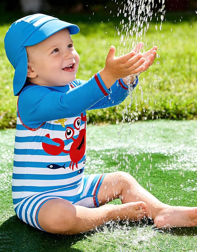 ADUKIDE Baby Boys Swimsuit Summer Beach Rash Guard Swimwear One Piece Sunsuit with Sun Hat 3-24 Months