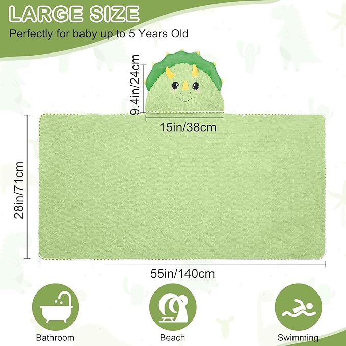 FIOBEE Toddler Bath Towel with Hood Baby Towels, 55x28 inch Large Soft Absorbent Kids Hooded Towels for 1-5 Years Old Baby Girls Boys Bath Beach Essentials Blanket, Green Dinosaur