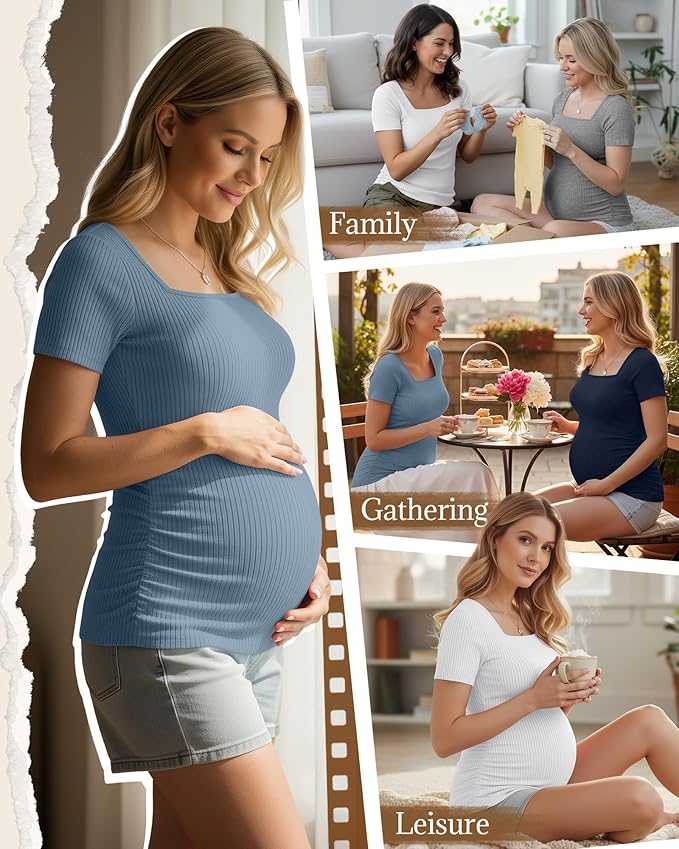 Huukeay 4 Pack Women's Maternity Shirts Cotton Ribbed Short Sleeve Square Neck Pregnancy Tops Side Ruched Summer Tee