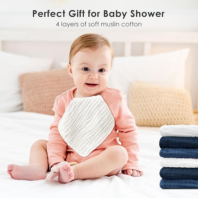 Sunny zzzZZ Baby Muslin Washcloths -100% Cotton Muslin Soft Baby Bath Wash Cloths and Absorbent Burp Cloths for Newborns Kids Girls and Boys -12 Pack, 12x12 Inches - White+Deep Navy Series