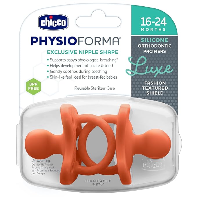 Chicco PhysioForma Luxe Orthodontic Pacifier, 16-24m | 100% Soft Silicone | Supports Breathing & Oral Development | Textured Shield & Handle | Includes Sterilizing Case | BPA Free | Terracotta, 2pk