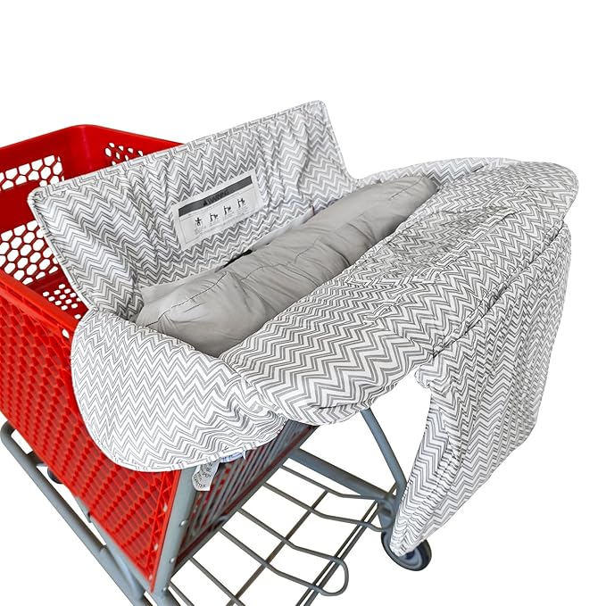 Love&go Soft Pillow Attached 2-in-1 Shopping Cart and High Chair Cover for Baby, Cotton Padded Cart Cover, Fold'n Roll Style, Portable with Carry Bag (Gray Chevron)