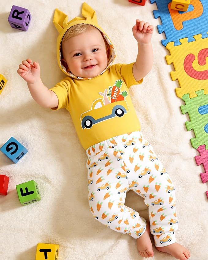 Newborn Boy Summer Outfits Animal Print Short Sleeve Romper with Hoodie & Pants Infant Clothing Set