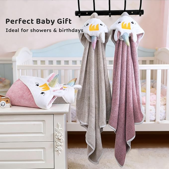 Super Soft Baby Hooded Towel, Cute Animal Bath Towels Ultra Absorbent 34x34 Inch for Newborn Infant,Toddler, (Unicorn) (Pink)