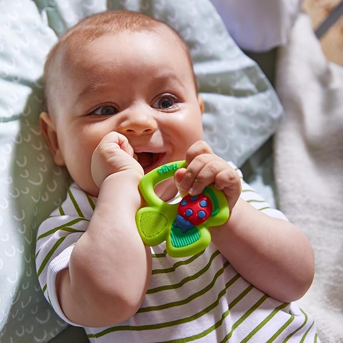 HABA Silicone Teethers for Babies 6-18 Months - Shamrock Silicone Teether Ring and Grasping Toy for Safe Sensory Development - Dishwasher Safe Baby Essentials, Sweet St. Patrick Day Gifts