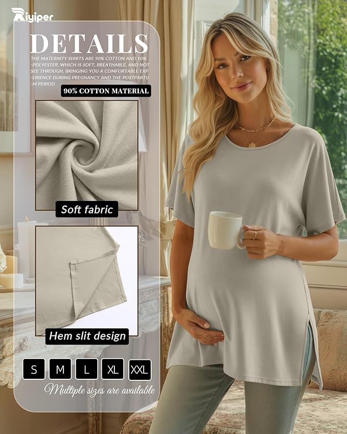 Riyiper 3 Pack Women's Maternity Tunic Shirts Cotton Summer Pregnancy Clothes Loose Oversized Split Side Blouse Tops