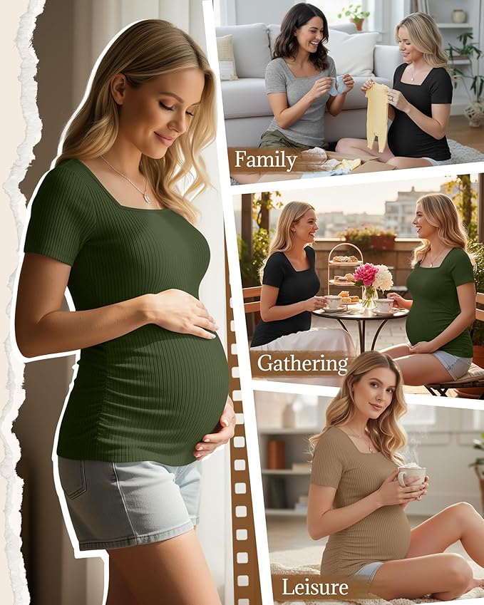 Huukeay 4 Pack Women's Maternity Shirts Cotton Ribbed Short Sleeve Square Neck Pregnancy Tops Side Ruched Summer Tee