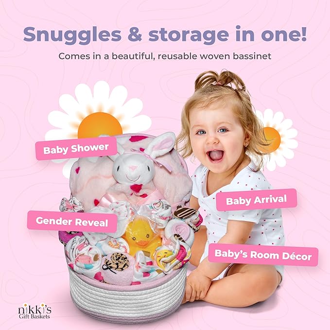 Bassinet New Baby Girl Gift Set | Unique Newborn Gift Basket Hamper for Gender Reveal | Baby Essentials for Expecting Moms & Parents | 17-Piece Baby Layette Set | Pink - Nikki's Gift Baskets