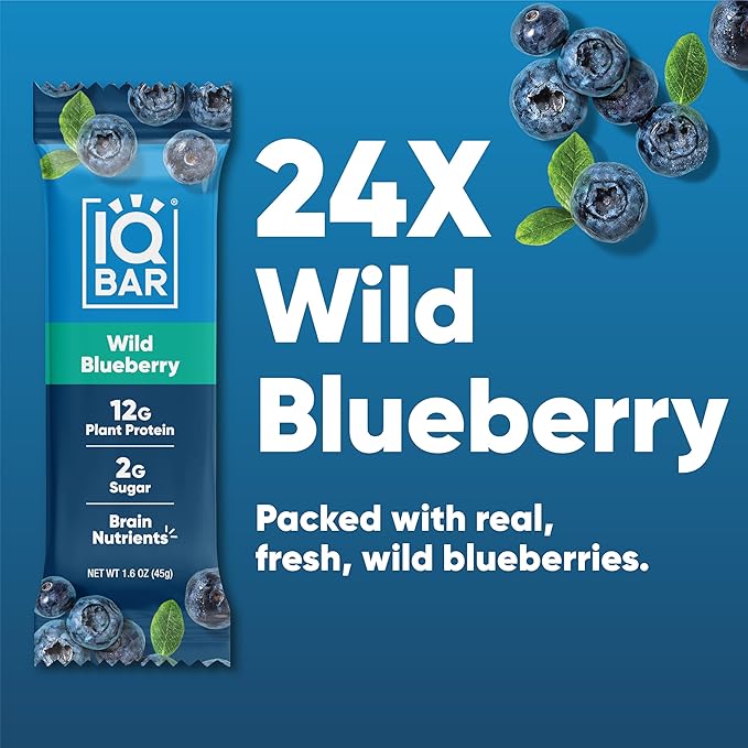 IQBAR Brain and Body Clean Plant Protein Bars - Wild Blueberry - 24 Bars - Keto, Vegan, High Fiber, Gluten and Dairy Free, Low Sugar Snack with Nutrients for Focus, Energy, Meal Replacement