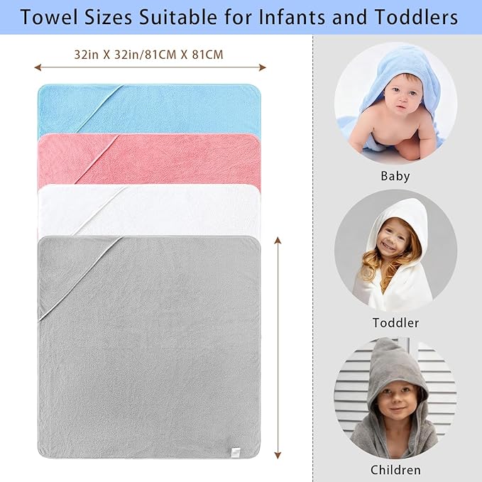 4 Pack Hooded Baby Towels, 32x32 Inch Absorbent Bath Towels, Soft Coral Fleece Hooded Towel for Newborns, Infants, and Toddlers – Baby Bath Essentials (Light Gray + Sky Blue + White + Pink)