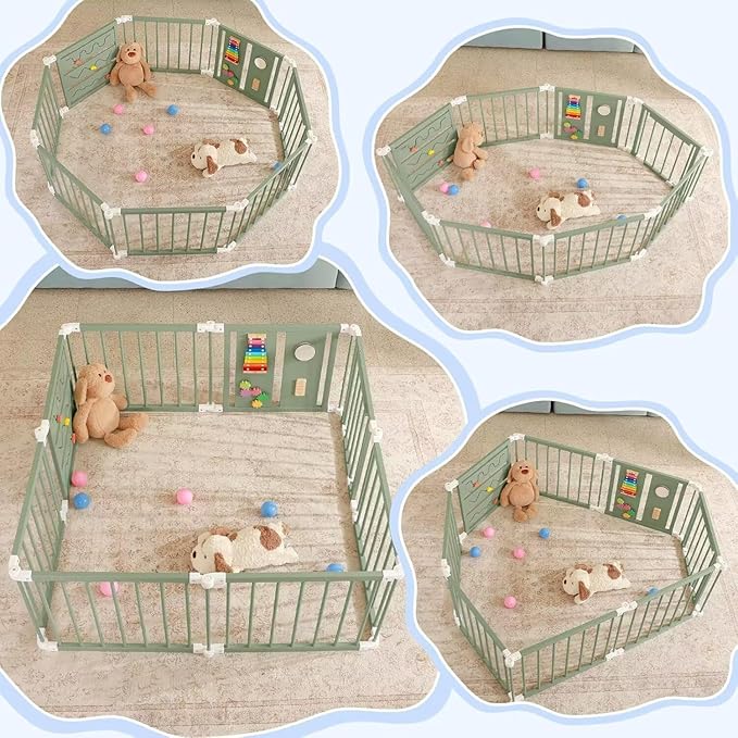 Foldable Wooden Baby Playpen with Soft Play Mat, Adjustable Playpen for Babies and Toddlers with 36 Colorful Balls, Portable Baby Fence Play Area Activity Center with Gate for Toddlers(56x56x23inches)