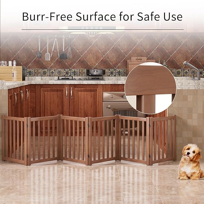 6-Panel Solid Wood Dog Gate - Freestanding Folding Pet Gate for Doorways, Stairs, Indoor, 24" Height, No Installation Needed, Walnut