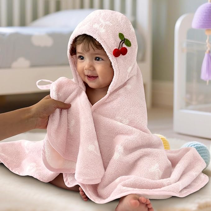 VOOVA & MOVAS Luxury Pink Cherry Baby Hooded Bath Towel - 100% Cotton,420GSM, 30.5x36 Inches,0-2Years, Super Absorbent Large Towel with Hood for Newborn,Infant,Thick, Baby Essentials,Pink Cherry