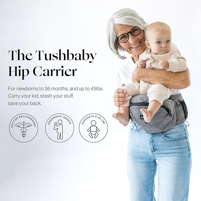 Tushbaby Original Hip Seat Baby Carrier for Babies & Toddlers up to 45 lbs, Safety Certified, Lightweight No-Foam Design with Storage & Nursing Support, Grey