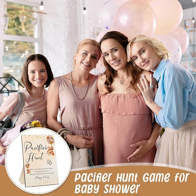 Roowest 51 Pcs Pacifier Hunt Baby Shower Game, Include Wooden Hunt Sign Bear Themed Baby Shower Sign Board with 50 Acrylic Pacifier Game for Gender Reveal Party (Brown)