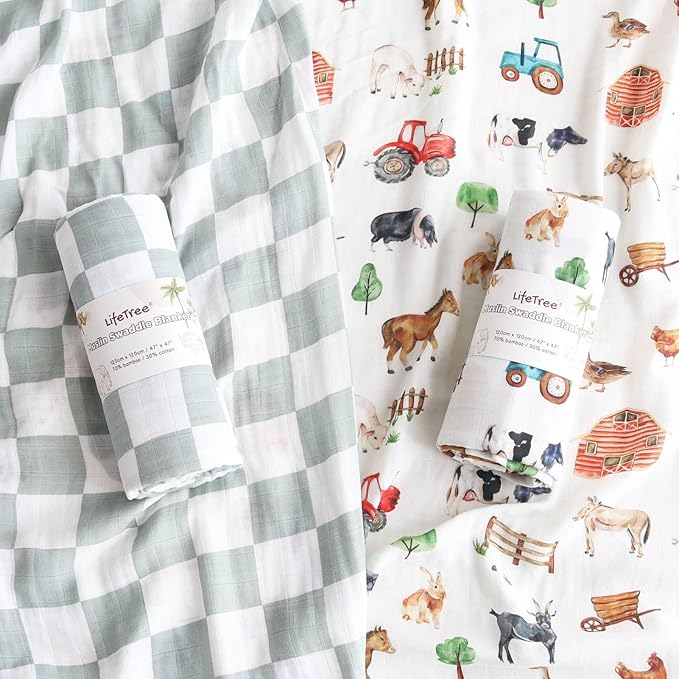LifeTree Muslin Swaddle Blankets, Farm Animals Baby Swaddling Wrap Nursery Receiving Blanket for Boys & Girls, Soft 70% Viscose from Bamboo and 30% Cotton, Large 47 x 47 inches