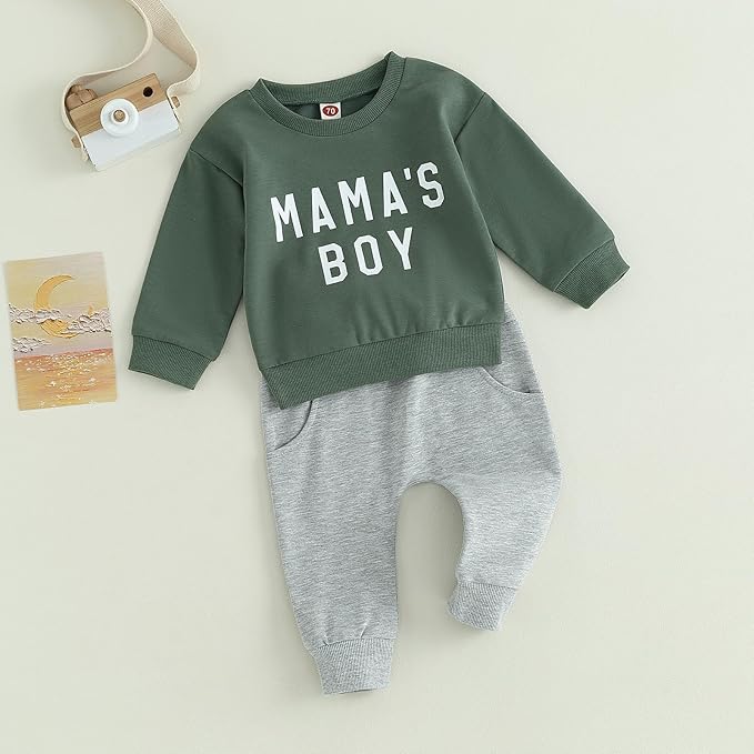 ZAXARRA Toddler Newborn baby boys Fall Outfits Long Sleeve Letter Print Sweatshirt Tops Pocket Pants Casual Clothing Sets
