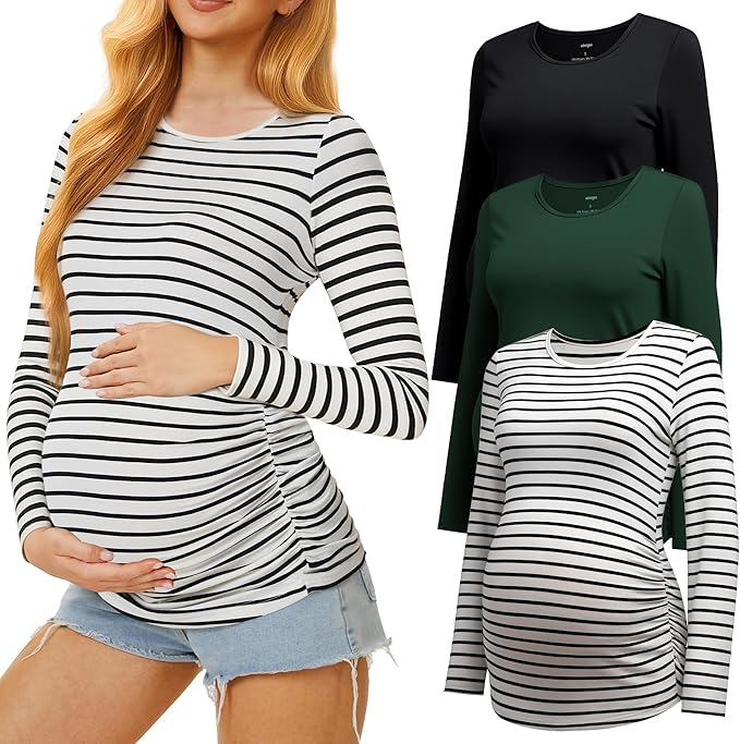 3 Pack Maternity Shirts Long Sleeve Pregnancy Top for Women with Crew Neck Casual Tee Shirts