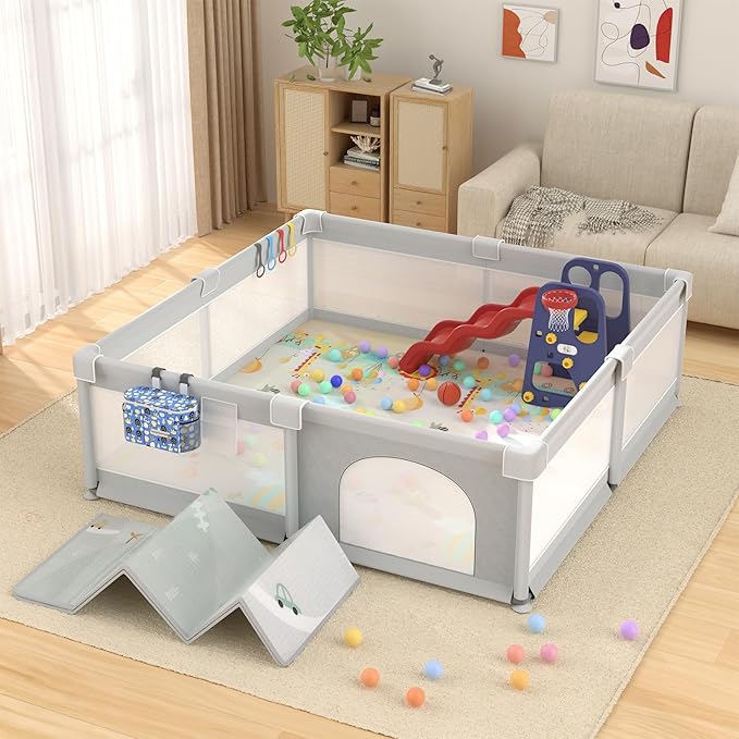 LUTIKIANG 79" x 71" Baby Playpen with Upgrade Mat, Portable Play Yard for Babies and Toddlers, Extra Large Baby Gate Playpen, Play Pin, Fence Area, Includes Ocean Balls, Pulling Rings