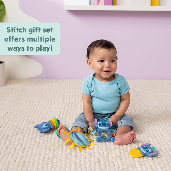 Bright Starts Disney Baby Stitch Tropical Treasures Gift Set with 4 Stitch Inspired Toys Including Baby-Safe Mirror and Teether, Newborns & Up