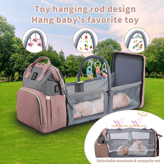 Baby Diaper Bags with Changing Station,900D Oxford Waterproof Diaper Bag Backpack for Moms Dads with USB Charging Port,Large Capacity Baby Essentials(Ungrade Pink Grey)